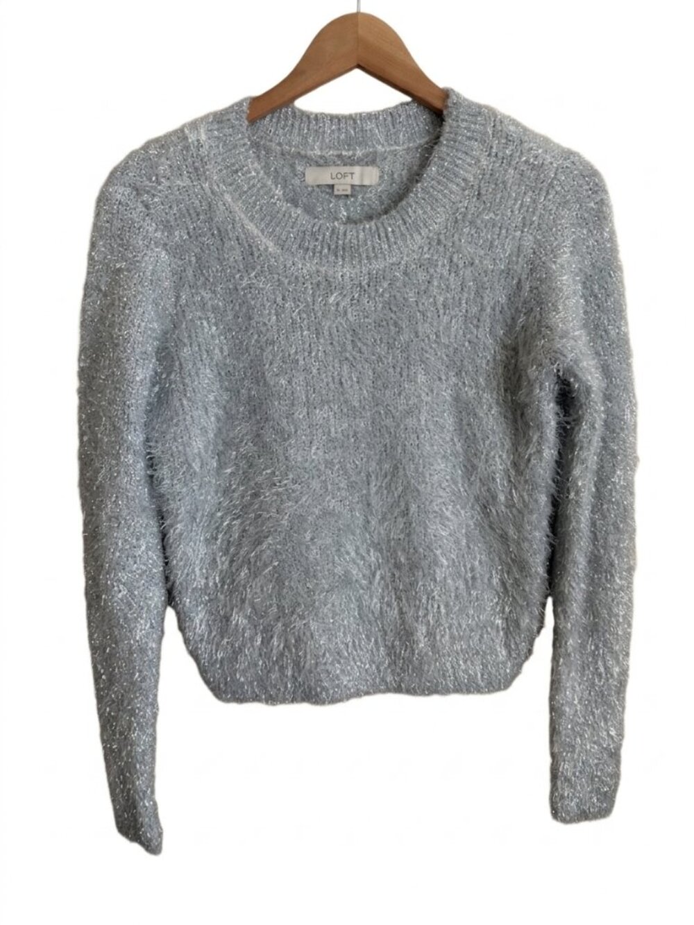 LOFT Metallic Fuzzy Silver Eyelash Knit Crew Neck Sweater XS Holiday Sparkle NWT
